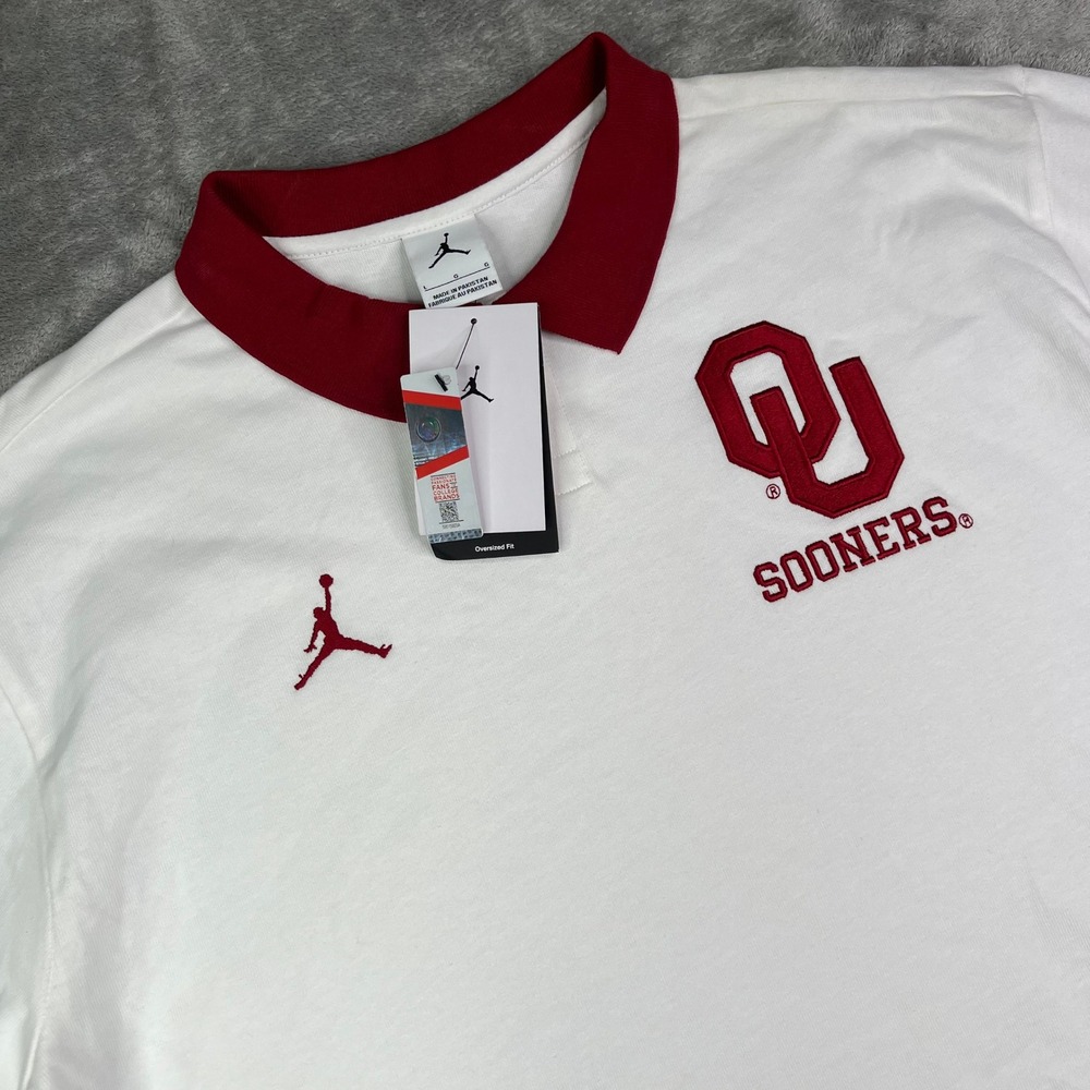 Nike Jordan Oklahoma Sooners Polo Shirt Men Large White Solid Cotton Embroidered